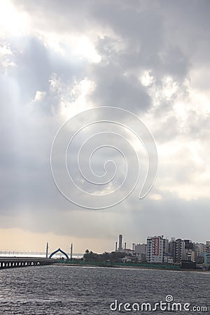 Portrait photo view of entrence of Maldives first bridge Stock Photo