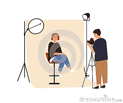 Portrait photography backstage. Male film photographer taking photo or shooting woman posing in studio with professional Vector Illustration