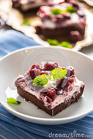 Portrait of a piece of brownie with a cream, cherries and fresh mint leaves on a plate Stock Photo