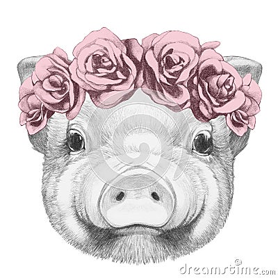 Portrait of Piggy with floral head wreath. Cartoon Illustration