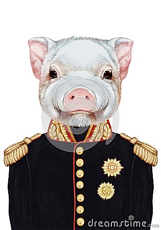 Portrait of Piggy in military uniform. Cartoon Illustration