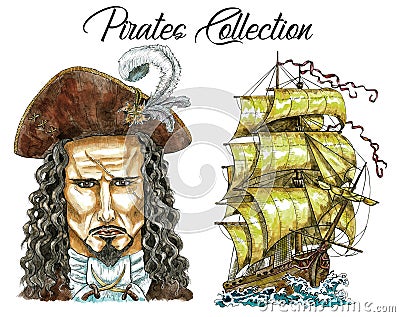 Portrait of pirate captain with scar and old ship Cartoon Illustration