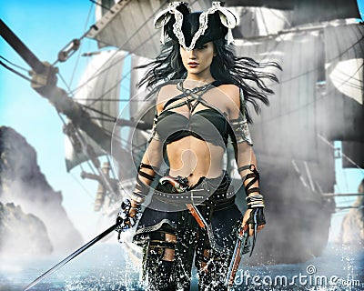 Portrait of a pirate female coming ashore . Stock Photo