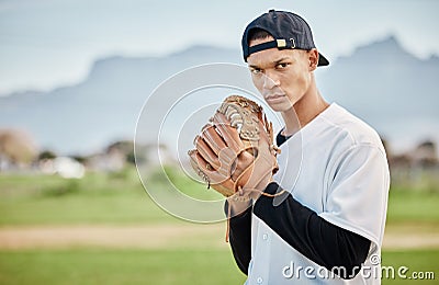 Portrait pitcher, baseball player or man training for a sports game on outdoor field stadium. Fitness, motivation or Stock Photo