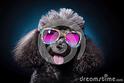 Portrait Poodle Dog With Sunglasses Black Background Stock Photo