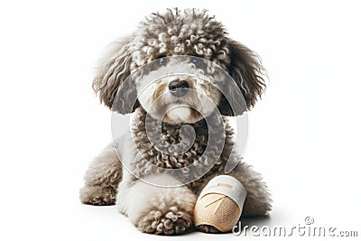 Portrait of a poodle dog with a white bandage on his leg isolated on solid white background. ai generative Stock Photo