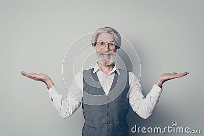 Portrait of positive cheerful crazy old man entrepreneur hold hand present adverts promo suggest select choice decision Stock Photo