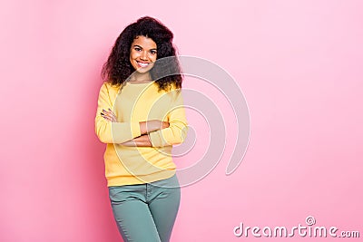 Portrait of positive cheerful friendly african girl entrepreneur cross her hands look enjoy her job colleagues wear Stock Photo