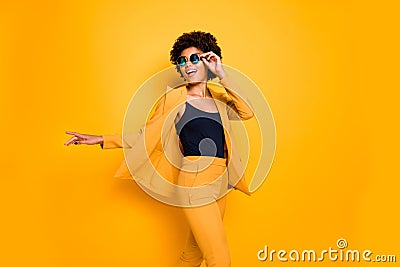 Portrait of positive cheerful lady feel candid expression enjoy rest relax on free time wear stylish fashionable clothes Stock Photo