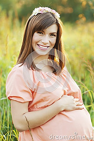 Portrait pregnant Happy smiling Woman Stock Photo