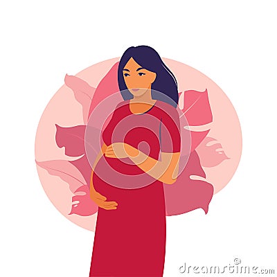 Portrait pregnant woman in dress on plant background. Health, care, pregnancy. Vector illustration. Flat Vector Illustration