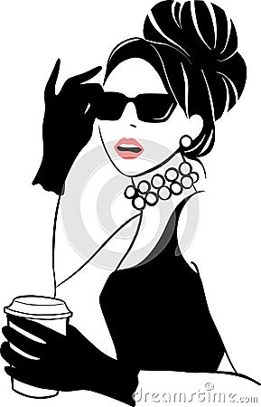 Portrait of pretty girl with coffee. Stylish beautiful model for fashion design. Fashionable graphic illustration Vector Illustration