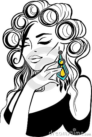 Portrait of pretty girl with curler. Stylish beautiful model for fashion design. Fashionable graphic illustration Vector Illustration