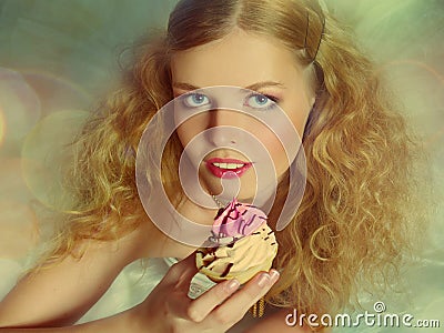 Portrait of pretty girl eating cake Stock Photo