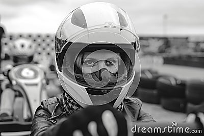 Portrait of a pretty girl wearing a white helmet close up, detail of Go-kart. karting track racing, copy space. serious look, Stock Photo