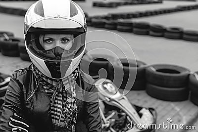 Portrait of a pretty girl wearing a white helmet close up, detail of Go-kart. karting track racing, copy space. serious look, Stock Photo