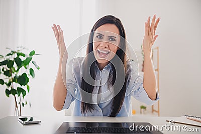 Portrait of pretty lady scream yell video call laptop desktop white interior home office indoors Stock Photo