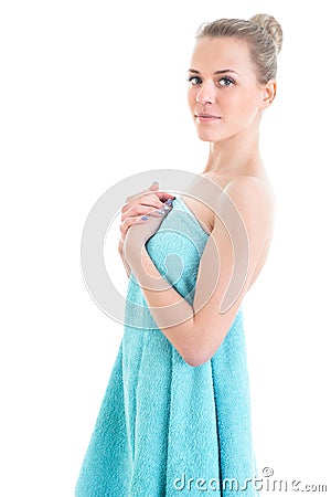 Portrait of the pretty naked girl model covering her body with b Stock Photo
