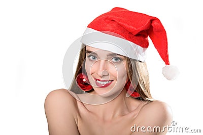Portrait of pretty Santa girl laughing Stock Photo