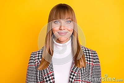 Portrait of pretty satisfied girl smile look camera wear checkered clothing isolated on yellow color background Stock Photo