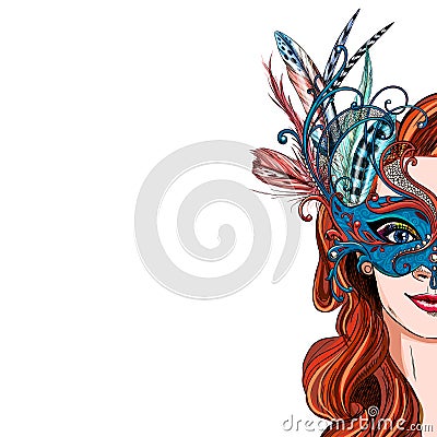Portrait of pretty woman in luxury carnival mask Vector Illustration
