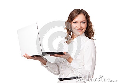 Portrait of a pretty young businesswoman holding a laptop Stock Photo