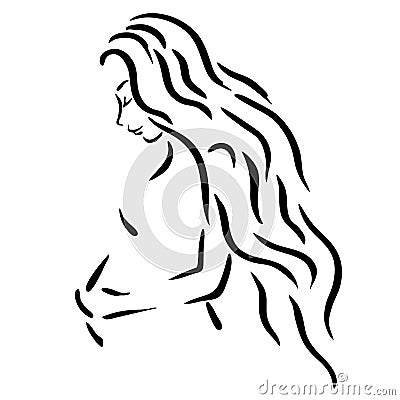 portrait profile pregnant girl long hair black white Vector Illustration