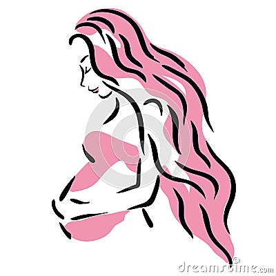 portrait profile pregnant girl pink long hair Vector Illustration