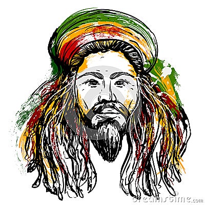 Portrait of rastaman. Jamaica theme. Reggae concept design. Tattoo art. Hand drawn grunge style art. Vector Illustration