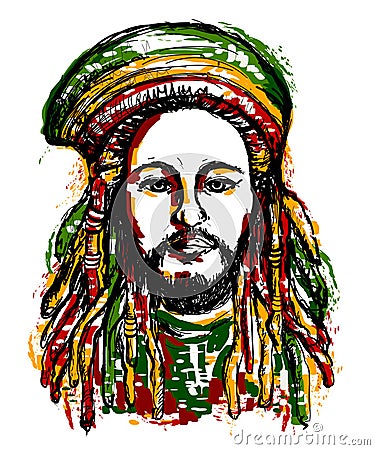 Portrait of rastaman. Jamaica theme. Reggae concept design. Tattoo art. Vector Illustration