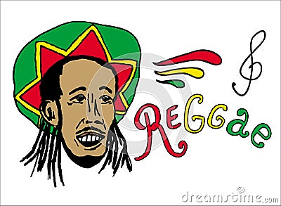 Portrait of rastaman in rasta hat. Jamaica theme. Reggae concept design. Hand drawn art. Banner, card, t-shirt, bag, print, poster Vector Illustration
