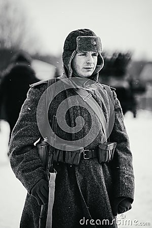 Portrait of the Red Army soldier. Black and white photo. Editorial Stock Photo