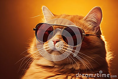 Portrait of a red cat in sunglasses on a yellow background, Closeup portrait of a funny ginger cat wearing sunglasses, AI Stock Photo