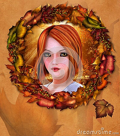 Portrait of redhead girl adorned with autumn wreath Stock Photo