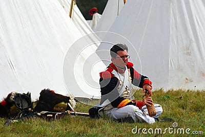 Portrait of a reenactor dressed as Napoleonic war soldier. Editorial Stock Photo