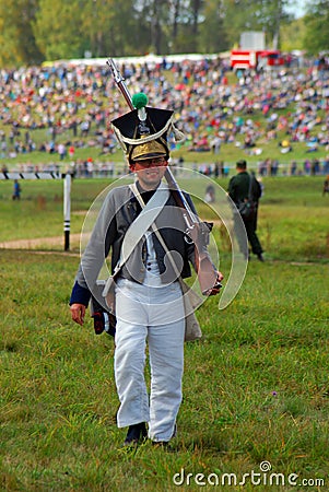 Portrait of a reenactor dressed as Napoleonic war soldier. Editorial Stock Photo