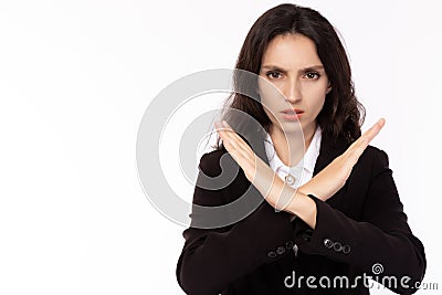 Portrait refused, rejected, unhappy, serious businesswoman make arms crossed, gesturing no sign or do not want symbol. Business fe Stock Photo