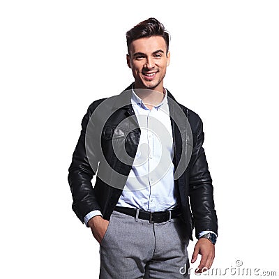 Portrait of relaxed businessman in leather jacket standing Stock Photo