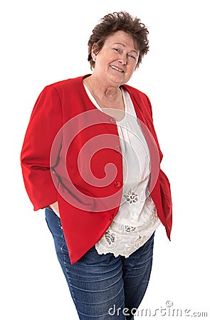 Portrait: Retired happy older woman isolated on white wearing a Stock Photo