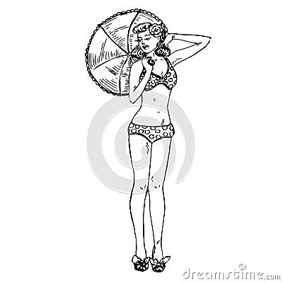 Portrait of retro pin up girl in polka dot bikini posing with umbrella, hand drawn outline doodle, sketch Stock Photo