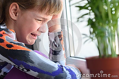 Portrait of a roaring child by the window Stock Photo