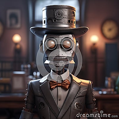 Portrait of a robot detective, blender 3D, cute Stock Photo