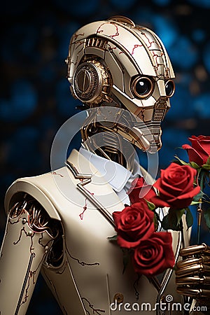A robot holding a rose in his hand Stock Photo