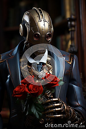 A Robot holding a rose in his hand Stock Photo