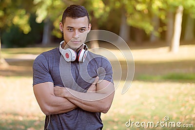 Portrait runner young latin man running jogging sports training fitness workout copyspace copy space Stock Photo