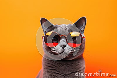 Portrait Russian Blue Cat With Sunglasses Orange Background Stock Photo