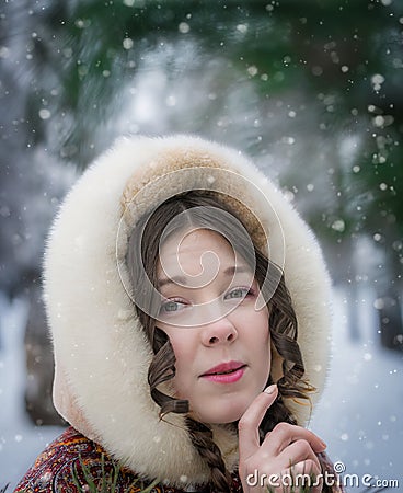 Portrait russian girl smile in national kerchief and fur coat on Stock Photo