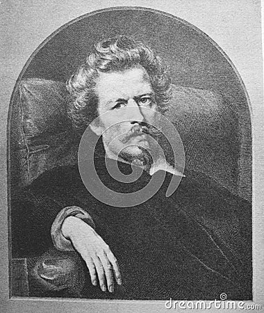 Portrait of Russian painter Karl Pavlovich Bryullov in the old book The Engraved Portraits, vol. 1 by D. Rovinskiy, 1886, S.- Editorial Stock Photo
