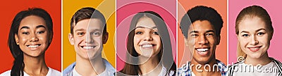 Portrait`s collage. Diverse teens smiling at colorful backgrounds Stock Photo