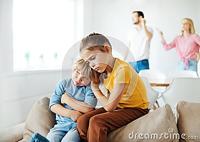 child family sad parent mother conflict father problem girl arguing divorce home fight unhappy sadness fighting boy Stock Photo